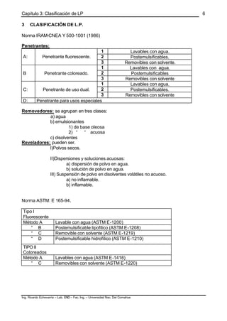 Capítulo 3: Clasificación de LP
Ing. Ricardo Echevarria – Lab. END – Fac. Ing. – Universidad Nac. Del Comahue
6
3 CLASIFICACIÓN DE L.P.
Norma IRAM-CNEA Y 500-1001 (1986)
Penetrantes:
1 Lavables con agua.
2 Postemulsificables.A: Penetrante fluorescente.
3 Removibles con solvente.
1 Lavables con agua.
2 PostemulsificablesB Penetrante coloreado.
3 Removibles con solvente
1 Lavables con agua.
2 Postemulsificables.C: Penetrante de uso dual.
3 Removibles con solvente
D: Penetrante para usos especiales
Removedores: se agrupan en tres clases:
a) agua
b) emulsionantes
1) de base oleosa
2) “ “ acuosa
c) disolventes
Reveladores: pueden ser.
I)Polvos secos.
II)Dispersiones y soluciones acuosas:
a) dispersión de polvo en agua.
b) solución de polvo en agua.
III) Suspensión de polvo en disolventes volátiles no acuoso.
a) no inflamable.
b) inflamable.
Norma ASTM: E 165-94.
Tipo I
Fluorescente
Método A Lavable con agua (ASTM E-1200)
“ B Postemulsificable lipofílico (ASTM E-1208)
“ C Removible con solvente (ASTM E-1219)
“ D Postemulsificable hidrofílico (ASTM E-1210)
TIPO II
Coloreados
Método A Lavables con agua (ASTM E-1418)
“ C Removibles con solvente (ASTM E-1220)
 