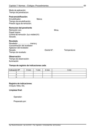 Capítulo 7: Normas – Códigos- Procedimientos
Ing. Ricardo Echevarria Lab. de E.N.D. – Fac. Ingenieria – Universidad Nac. del Comahue
69
Modo de aplicación:
Tiempo de penetracion:
Post-emulsificación:
Emulsificador: Marca
Tiempo de emulsificación:
Presión agua de remoción:
Remocion del penetrante
Remoción con: Mrca.
Papel/ trapos:
Control de remoción: (luz visible/UV)
Secado.
Revelado
Revelador ........................ marca:ç
Concentración del revelador:
Agitacion del revelador:
Secado. Estufa Nº: Temperatura:
Tiempo de revelado:
Observación
Tiempo de observación:
Iluminación
Tiempo de registro de indicaciones cada:
Indicación Nº 0 min 1 min 2 min t min
1
2
n
Registro de indicaciones:
Croquis; fotos, Etc.
Limpieza final:
Operador:
Preparado por:
 