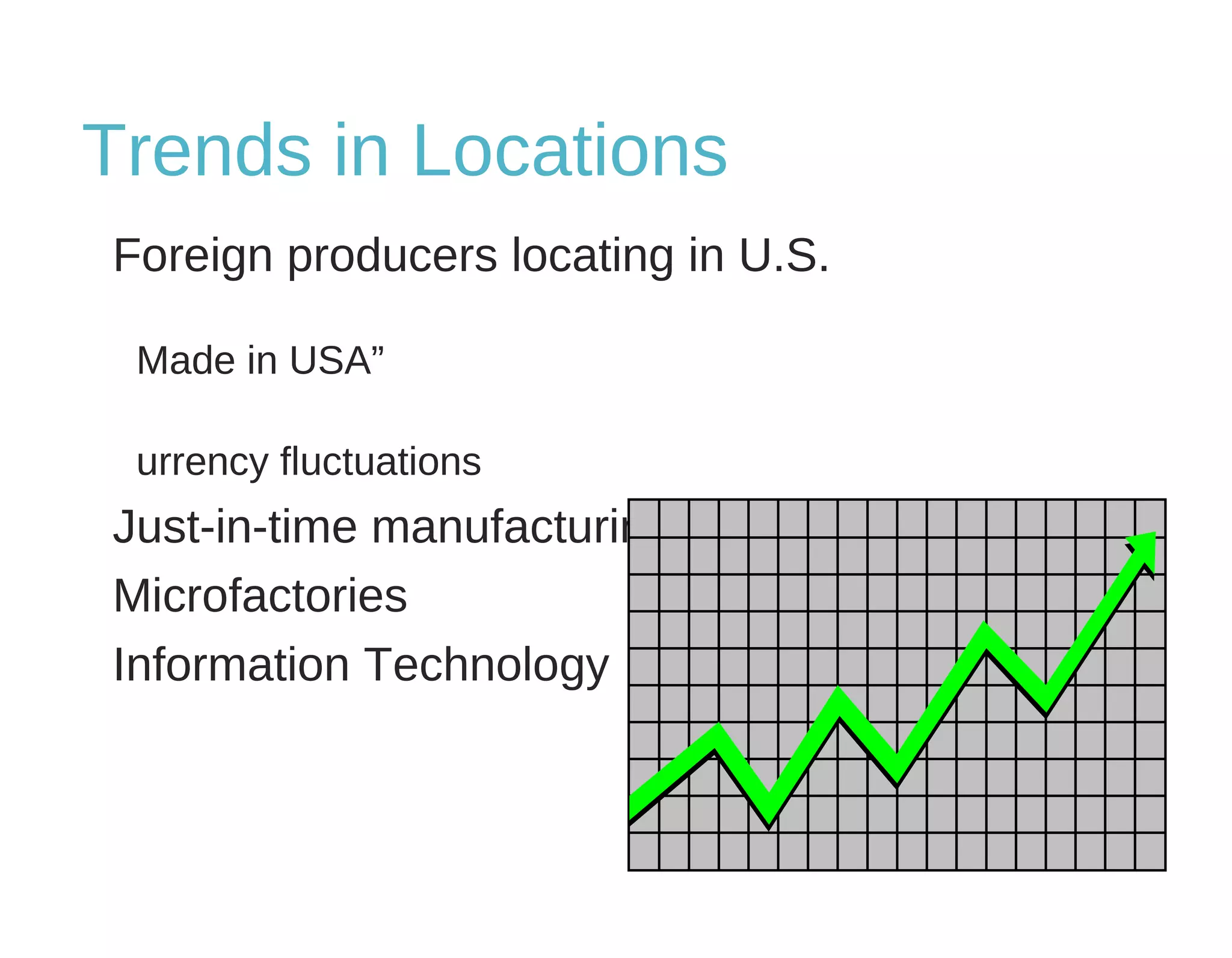Trends in Locations
Foreign producers locating in U.S.
Made in USA”
urrency fluctuations
Just-in-time manufacturing techniques
Microfactories
Information Technology
 