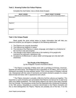 Grade 7 English Learning Package 
12 
Task 2. Knowing Further Our Fellow Filipinos 
Complete the chart below. Use a whole sheet of paper. 
WHAT I KNOW 
What do you know about the… 
WHAT I WANT TO KNOW 
What else do you want to know about them? 
Maranaws? 
Negritos? 
Ilongots? 
Task 3. Our Unique People 
Read quietly the short article below to locate information that will help you determine whether you will agree or disagree to the following statements. 
1. The Filipinos are uniquely diversified. 
2. The Filipinos are religious in nature. 
3. The diversity of the Filipinos in culture, language, and religion is a hindrance to the country‘s unity and progress. 
4. The strength of the Filipino culture lies in the resiliency of its people who overcame the colonizers‘ oppressive rule. 
5. Acceptance of differences in culture, belief, and language can only start with awareness. 
The People of the Philippines by the Philippine Tourism Promotions Board 
1 The Filipino is basically of Malay stock with a sprinkling of Chinese, American, Spanish and Arab blood. The Philippines has a population of 70 million, and it is hard to distinguish accurately the lines between stocks. From a long history of Western colonial rule, interspersed with the visits of merchants and traders evolved a people of a unique blend of east and west, both in appearance and culture. 
2 The Filipino character is actually a little bit of all the cultures put together. The bayanihan or spirit of kinship and camaraderie that Filipinos are famous for is said to be taken from Malay forefathers. The close family relations are said to have been inherited from the Chinese. The piousness comes from the Spaniards who introduced Christianity in the 16th century. Hospitality is a common denominator in the Filipino character and this is what distinguishes the Filipino. Filipinos are probably one of the few, if not the  