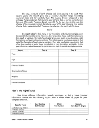 Grade 7 English Learning Package 
26 
Text A 
One day, a mound of earth shaped was seen growing in the east. After several years, the mound grew into a beautiful mountain range resembling Alunsina‟s face and her wonderful hair. The magical breeze whispered to the unhappy Tungkung Langit that Alunsina grew old and died of sorrow somewhere in the east. This made Tungkung Langit mournful. As the sun rises in the east, the shadow of the mountain reminds Tungkung Langit of his dear Alunsina. And as the shadow fades away at nightfall, Tungkung Langit waters the earth with his tears. 
Text B 
Geologists observe that many of our mountains and mountain ranges seem to resemble human-like forms. However, they argue that these earth formations are the result of various interrelated geological processes such as earthquakes, rock formations, and even volcanic eruptions. They cited several conclusive research that detail the formation of such natural wonders. They also conducted experiments that show how bodies of water have contributed to rock formation worldwide. In the years to come, scientists expect to generate more data to explain such phenomena. 
Aspect 
Text A 
Text B 
Tone 
Style 
Choice of Words 
Organization of Ideas 
Purpose 
Intended Audience 
Task 5. The Right Source 
Use three different information search structures to find a more focused information source on the following topics. Use a whole sheet of paper for your complete answers. 
Specific Topic 
Card Catalog 
Call Number 
OPAC 
Call Number 
Website 
from Search Engine 
conflict among children 
conflict in families 
national conflicts 
conflict resolution 
 