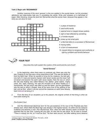 Grade 7 English Learning Package 
30 
Task 2. Begin with ‘BEGINNINGS’ 
Another meaning of the word ‗genesis‘ is the one spelled in the puzzle below. Let the provided definitions and letter-boxes help you in completing the words. Write your answers on a half-sheet of paper. After checking, review the word list. Remember what the words mean, because they appear in the story you are about to read. 
YOUR TEXT 
How does this myth explain the creation of the world and the root of evil? 
Samal Genesis1 
1 In the beginning, when there were no creatures yet, there was only the sea. Floating on this sea was a thing resembling a ball. This was the abode of God the Most High. When he wanted to bring out his creations, the ball split; one half of it rose and became heaven (with seven levels) and the lower half remained and became the earth (with seven levels). Now the sea on which the ball was floating was called Baharun Nur [Bahar, great waters, mighty rivers; Nur, light], meaning, this was the ancestor of all which floated on it. Symbolically, the part which was lifted up was the father, and the grandfather was the sea on which it floated. Now at the same time of the splitting of the ball, and as God willed it, all men and all the creatures on earth have already been believed as being in it. 
2 From the time of our ancestors up to the present, the original content of that thing is what we have been looking for. 
Pre-Existent Soul 
3 And Nur Muhammad [technical term for the pre-existence of the soul of the Prophet] was then already risen. When Allah the Most High was already in the highest heaven, he willed and his radiance scattered and became a man---Nur Muhammad. Now, when the latter became aware of himself, he asserted that he was God. Looking left and right, he saw that he was alone. So he said to himself, ―There is nobody but me, so I must be God.‖ He then went around, and after walking some distance 
1 Domingo, Eugenia. 1999. Philippine folk literature: The myths. p. 98-99. 
A 
B 
O 
D 
E 
1. a place of residence 
C 
U 
R 
S 
E 
D 
2. said hurtful words 
H 
O 
M 
A 
G 
E 
3. special honor or respect shown publicly 
R 
A 
D 
I 
A 
N 
C 
E 
4. light or heat reflected by something 
E 
N 
T 
R 
E 
A 
T 
Y 
5. a humble request 
D 
I 
S 
I 
N 
T 
E 
G 
R 
A 
T 
E 
D 
6. broke up into small parts 
C 
A 
L 
I 
P 
H 
7. a title that refers to a successor of Muhammad 
E 
X 
I 
S 
T 
E 
N 
T 
8. having reality 
G 
A 
N 
T 
A 
9. a form of measurement 
A 
S 
S 
E 
R 
T 
E 
D 
10. caused others to recognize one‘s authority or 
right by confident and forceful behavior  