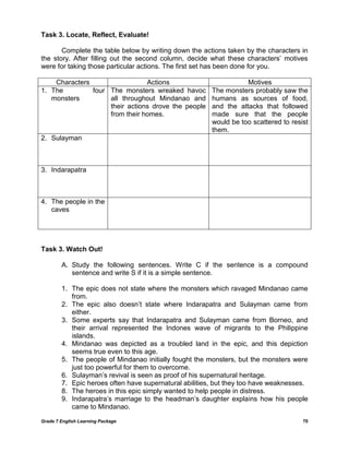 Grade 7 English Learning Package 
70 
Task 3. Locate, Reflect, Evaluate! 
Complete the table below by writing down the actions taken by the characters in the story. After filling out the second column, decide what these characters‘ motives were for taking those particular actions. The first set has been done for you. 
Characters 
Actions 
Motives 
1. The four monsters 
The monsters wreaked havoc all throughout Mindanao and their actions drove the people from their homes. 
The monsters probably saw the humans as sources of food, and the attacks that followed made sure that the people would be too scattered to resist them. 
2. Sulayman 
3. Indarapatra 
4. The people in the caves 
Task 3. Watch Out! 
A. Study the following sentences. Write C if the sentence is a compound sentence and write S if it is a simple sentence. 
1. The epic does not state where the monsters which ravaged Mindanao came from. 
2. The epic also doesn‘t state where Indarapatra and Sulayman came from either. 
3. Some experts say that Indarapatra and Sulayman came from Borneo, and their arrival represented the Indones wave of migrants to the Philippine islands. 
4. Mindanao was depicted as a troubled land in the epic, and this depiction seems true even to this age. 
5. The people of Mindanao initially fought the monsters, but the monsters were just too powerful for them to overcome. 
6. Sulayman‘s revival is seen as proof of his supernatural heritage. 
7. Epic heroes often have supernatural abilities, but they too have weaknesses. 
8. The heroes in this epic simply wanted to help people in distress. 
9. Indarapatra‘s marriage to the headman‘s daughter explains how his people came to Mindanao.  