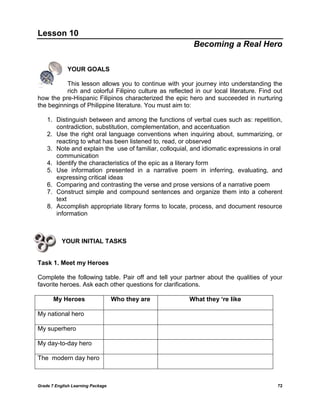 Grade 7 English Learning Package 
72 
Lesson 10 
Becoming a Real Hero 
YOUR GOALS 
This lesson allows you to continue with your journey into understanding the rich and colorful Filipino culture as reflected in our local literature. Find out how the pre-Hispanic Filipinos characterized the epic hero and succeeded in nurturing the beginnings of Philippine literature. You must aim to: 
1. Distinguish between and among the functions of verbal cues such as: repetition, contradiction, substitution, complementation, and accentuation 
2. Use the right oral language conventions when inquiring about, summarizing, or reacting to what has been listened to, read, or observed 
3. Note and explain the use of familiar, colloquial, and idiomatic expressions in oral communication 
4. Identify the characteristics of the epic as a literary form 
5. Use information presented in a narrative poem in inferring, evaluating, and expressing critical ideas 
6. Comparing and contrasting the verse and prose versions of a narrative poem 
7. Construct simple and compound sentences and organize them into a coherent text 
8. Accomplish appropriate library forms to locate, process, and document resource information 
YOUR INITIAL TASKS 
Task 1. Meet my Heroes 
Complete the following table. Pair off and tell your partner about the qualities of your favorite heroes. Ask each other questions for clarifications. 
My Heroes 
Who they are 
What they ‘re like 
My national hero 
My superhero 
My day-to-day hero 
The modern day hero 
 