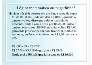 Lógica matemática ou pegadinha?
Haviam três (03) pessoas em um bar, a soma da conta
foi de R$ 30,00 . Cada um deu R$ 10,00 , quando o
garçom voltou disse que o dono havia dado
desconto, onde a conta ficou por R$ 25,00 , então o
garçom estava com R$ 5,00 na mão, voltou R$ 1,00
para cada pessoa e pediu para ficar com os R$ 2,00
restantes, então a conta ficou por R$ 9,00 para cada
um.
R$ 9,00 x 03 = R$ 27,00
R$ 27,00 + R$ 2,00 do garçom = R$ 29,00
Onde está o R$ 1,00 que falta para os R$ 30,00 ?
 