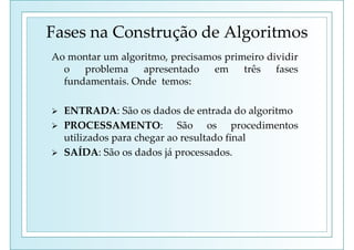 Fases na Construção de Algoritmos
Ao montar um algoritmo, precisamos primeiro dividir
o problema apresentado em três fases
fundamentais. Onde temos:
 ENTRADA: São os dados de entrada do algoritmo
 PROCESSAMENTO: São os procedimentos
utilizados para chegar ao resultado final
 SAÍDA: São os dados já processados.
 