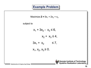 Optimization in Engineering Design
Georgia Institute of Technology
Systems Realization Laboratory
18
Example Problem
Maximize Z = 5x1 + 2x2 + x3
subject to
x1 + 3x2 - x3 ≤ 6,
x2 + x3 ≤ 4,
3x1 + x2 ≤ 7,
x1, x2, x3 ≥ 0.
 