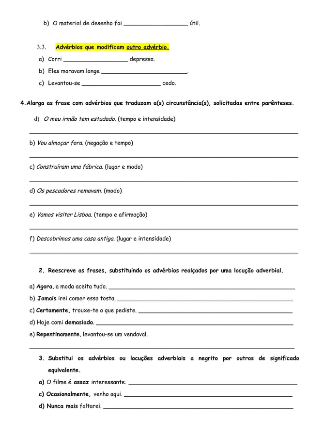 Advérbios e Locuções Adverbiais: Ficha de Trabalho