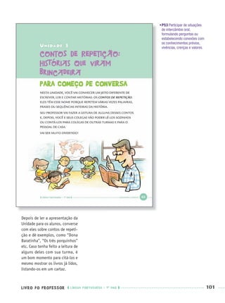 LIVRO DO PROFESSOR LÍNGUA PORTUGUESA · 1O
ANO 101
•P53 Participar de situações
de intercâmbio oral,
formulando perguntas ou
estabelecendo conexões com
os conhecimentos prévios,
vivências, crenças e valores.
Depois de ler a apresentação da
Unidade para os alunos, converse
com eles sobre contos de repeti-
ção e dê exemplos, como “Dona
Baratinha”, “Os três porquinhos”
etc. Caso tenha feito a leitura de
alguns deles com sua turma, é
um bom momento para citá-los e
mesmo mostrar os livros já lidos,
listando-os em um cartaz.
Port1ºAnoParte2PROF.indd 101Port1ºAnoParte2PROF.indd 101 9/16/10 10:42 AM9/16/10 10:42 AM
 