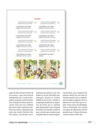 LIVRO DO PROFESSOR LÍNGUA PORTUGUESA · 1O
ANO 117
ações do lobo até que termine de
se arrumar, o que será possível
relembrando com a turma a brin-
cadeira proposta anteriormente.
Essa situação de leitura pode fa-
vorecer mais uma vez a reﬂexão
dos alunos sobre a estrutura repe-
titiva dos textos, salientando que
estes não contam histórias (não
são contos), mas brincam com a
repetição das palavras e por isso
podem se tornar divertidos pas-
satempos. Quanto ao sistema
alfabético de escrita, também a
comparação de palavras ou sequên-
cias de frases que se repetem
pode desencadear boas situações
de análise. Por exemplo: evidencie
para os alunos que as palavras que
se repetem têm as mesmas sequên-
cias de letras, que a sequência de
palavras dentro de uma frase se
mantém quando esta é repetida,
que há espaços regulares entre as
palavras em uma frase que se re-
pete, entre outras possibilidades
(não os informando, mas criando
um espaço de reﬂexão por meio de
questões que os façam olhar para
o texto e pensar sobre ele).
Port1ºAnoParte2PROF.indd 117Port1ºAnoParte2PROF.indd 117 9/16/10 10:43 AM9/16/10 10:43 AM
 