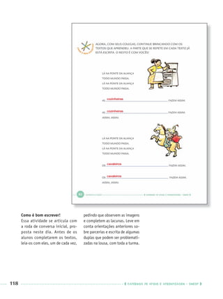 118 CADERNOS DE APOIO E APRENDIZAGEM · SMESP
cozinheiras
cavaleiros
cozinheiras
cavaleiros
Como é bom escrever!
Essa atividade se articula com
a roda de conversa inicial, pro-
posta neste dia. Antes de os
alunos completarem os textos,
leia-os com eles, um de cada vez,
pedindo que observem as imagens
e completem as lacunas. Leve em
conta orientações anteriores so-
bre parcerias e escrita de algumas
duplas que podem ser problemati-
zadas na lousa, com toda a turma.
Port1ºAnoParte2PROF.indd 118Port1ºAnoParte2PROF.indd 118 9/16/10 10:43 AM9/16/10 10:43 AM
 