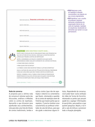 LIVRO DO PROFESSOR LÍNGUA PORTUGUESA · 1O
ANO 119
Roda de conversa
A proposta para a última roda
de conversa é retomar parte das
discussões, análises e reﬂexões
sobre os contos de repetição.
Aproveite o que disserem para
aprofundar seus conhecimentos.
Leia para eles uma lista de títulos
de contos tradicionais, lendas e
outros contos (que não de repe-
tição) e observe os comentários
que fazem, retomando a questão
de os contos de repetição serem de
histórias que trazem partes que se
repetem. É preciso lembrar essa
característica ao professor orien-
tador da sala de leitura, para que
ele ajude a selecionar alguns tí-
tulos. Dependendo da conversa,
você pode fazer outra exibição
do vídeo da Turma do Cocoricó,
retomando as partes que possam
ajudá-los a agregar informações
às que já têm, para explicar o que
querem pesquisar. Depois, é só ir
até a sala de leitura e promover
toda a situação planejada.
•P22 Relacionar conto
de repetição à situação
comunicativa e ao suporte em
que circula originalmente.
•P27 Identiﬁcar, com o auxílio
do professor, possíveis
elementos constitutivos da
organização interna de um
conto de repetição: repetição
de sequências, localizando os
elementos que variam e os que
permanecem.
Respostas combinadas com o grupo
Port1ºAnoParte2PROF.indd 119Port1ºAnoParte2PROF.indd 119 9/16/10 10:43 AM9/16/10 10:43 AM
 