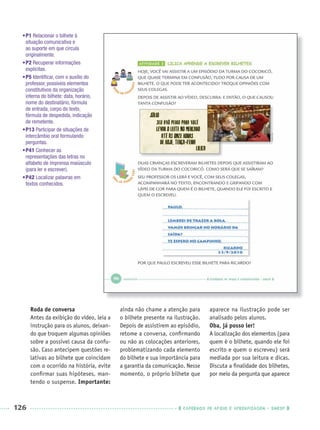 126 CADERNOS DE APOIO E APRENDIZAGEM · SMESP
•P1 Relacionar o bilhete à
situação comunicativa e
ao suporte em que circula
originalmente.
•P2 Recuperar informações
explícitas.
•P5 Identiﬁcar, com o auxílio do
professor, possíveis elementos
constitutivos da organização
interna do bilhete: data, horário,
nome do destinatário, fórmula
de entrada, corpo do texto,
fórmula de despedida, indicação
de remetente.
•P13 Participar de situações de
intercâmbio oral formulando
perguntas.
•P41 Conhecer as
representações das letras no
alfabeto de imprensa maiúsculo
(para ler e escrever).
•P42 Localizar palavras em
textos conhecidos.
Roda de conversa
Antes da exibição do vídeo, leia a
instrução para os alunos, deixan-
do que troquem algumas opiniões
sobre a possível causa da confu-
são. Caso antecipem questões re-
lativas ao bilhete que coincidam
com o ocorrido na história, evite
conﬁrmar suas hipóteses, man-
tendo o suspense. Importante:
ainda não chame a atenção para
o bilhete presente na ilustração.
Depois de assistirem ao episódio,
retome a conversa, conﬁrmando
ou não as colocações anteriores,
problematizando cada elemento
do bilhete e sua importância para
a garantia da comunicação. Nesse
momento, o próprio bilhete que
aparece na ilustração pode ser
analisado pelos alunos.
Oba, já posso ler!
A localização dos elementos (para
quem é o bilhete, quando ele foi
escrito e quem o escreveu) será
mediada por sua leitura e dicas.
Discuta a ﬁnalidade dos bilhetes,
por meio da pergunta que aparece
Port1ºAnoParte2PROF.indd 126Port1ºAnoParte2PROF.indd 126 9/16/10 10:43 AM9/16/10 10:43 AM
 