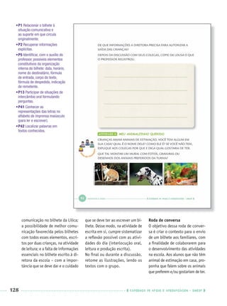 128 CADERNOS DE APOIO E APRENDIZAGEM · SMESP
comunicação no bilhete da Lilica;
a possibilidade de melhor comu-
nicação favorecida pelos bilhetes
com todos esses elementos, escri-
tos por duas crianças, na atividade
de leitura; e a falta de informações
essenciais no bilhete escrito à di-
retora da escola – com a impor-
tância que se deve dar e o cuidado
que se deve ter ao escrever um bi-
lhete. Desse modo, na atividade de
escrita em si, cumpre sistematizar
a reﬂexão possível com as ativi-
dades do dia (interlocução oral,
leitura e produção escrita).
No ﬁnal ou durante a discussão,
retome as ilustrações, lendo os
textos com o grupo.
Roda de conversa
O objetivo dessa roda de conver-
sa é criar o contexto para o envio
de um bilhete aos familiares, com
a ﬁnalidade de colaborarem para
o desenvolvimento das atividades
na escola. Aos alunos que não têm
animal de estimação em casa, pro-
ponha que falem sobre os animais
que preferem e/ou gostariam de ter.
•P1 Relacionar o bilhete à
situação comunicativa e
ao suporte em que circula
originalmente.
•P2 Recuperar informações
explícitas.
•P5 Identiﬁcar, com o auxílio do
professor, possíveis elementos
constitutivos da organização
interna do bilhete: data, horário,
nome do destinatário, fórmula
de entrada, corpo do texto,
fórmula de despedida, indicação
de remetente.
•P13 Participar de situações de
intercâmbio oral formulando
perguntas.
•P41 Conhecer as
representações das letras no
alfabeto de imprensa maiúsculo
(para ler e escrever).
•P42 Localizar palavras em
textos conhecidos.
Port1ºAnoParte2PROF.indd 128Port1ºAnoParte2PROF.indd 128 9/16/10 10:43 AM9/16/10 10:43 AM
 