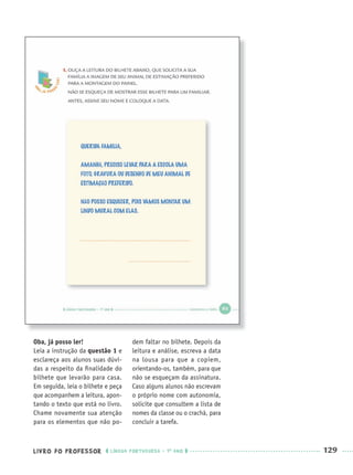 LIVRO DO PROFESSOR LÍNGUA PORTUGUESA · 1O
ANO 129
Oba, já posso ler!
Leia a instrução da questão 1 e
esclareça aos alunos suas dúvi-
das a respeito da ﬁnalidade do
bilhete que levarão para casa.
Em seguida, leia o bilhete e peça
que acompanhem a leitura, apon-
tando o texto que está no livro.
Chame novamente sua atenção
para os elementos que não po-
dem faltar no bilhete. Depois da
leitura e análise, escreva a data
na lousa para que a copiem,
orientando-os, também, para que
não se esqueçam da assinatura.
Caso alguns alunos não escrevam
o próprio nome com autonomia,
solicite que consultem a lista de
nomes da classe ou o crachá, para
concluir a tarefa.
Port1ºAnoParte2PROF.indd 129Port1ºAnoParte2PROF.indd 129 9/16/10 10:43 AM9/16/10 10:43 AM
 