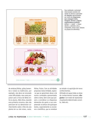 LIVRO DO PROFESSOR LÍNGUA PORTUGUESA · 1O
ANO 137
Sua mediação e principal
intervenção consiste em
ajudar os alunos a perceber
as relações apresentadas
por meio dos diagramas,
que conjugam texto,
imagens, formas e alguns
organizadores gráﬁcos
(linhas —, setas , chave
aberta {, colchete [ etc.),
compondo, nesse caso, classes
ou grupos de alimentos.
de verduras/folhas, grãos/semen-
tes e raízes ou tubérculos, por
exemplo, não deve ser encarado
como diﬁcultador, mas como pro-
pulsor para a troca de ideias en-
tre os alunos. Além disso, durante
essa primeira conversa, eles não
precisam ter ou demonstrar co-
nhecimento sobre o fato de uma
planta ter ou não raízes, caule,
folhas, frutos. Com as atividades
propostas nesta Unidade, espera-
-se que se aproximem desse e de
outros conteúdos apresentados
sobre o tema, bem como que pas-
sem a considerar os diagramas
elementos de apoio a sua com-
preensão na leitura de quaisquer
textos, especialmente os escola-
res e cientíﬁcos, que os remetem
ao estudo e à aquisição de novos
conhecimentos.
Utilizado em quase todas as áreas
do conhecimento humano, dia-
grama é um modo de representar
visualmente determinado concei-
to, ideia etc.
Port1ºAnoParte2PROF.indd 137Port1ºAnoParte2PROF.indd 137 9/16/10 10:43 AM9/16/10 10:43 AM
 