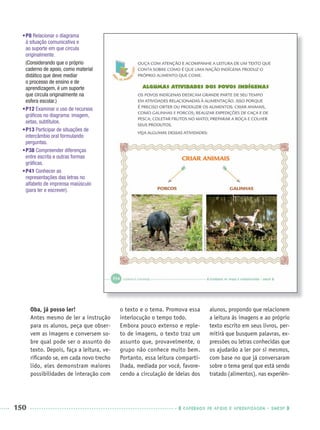 150 CADERNOS DE APOIO E APRENDIZAGEM · SMESP
Oba, já posso ler!
Antes mesmo de ler a instrução
para os alunos, peça que obser-
vem as imagens e conversem so-
bre qual pode ser o assunto do
texto. Depois, faça a leitura, ve-
riﬁcando se, em cada novo trecho
lido, eles demonstram maiores
possibilidades de interação com
o texto e o tema. Promova essa
interlocução o tempo todo.
Embora pouco extenso e reple-
to de imagens, o texto traz um
assunto que, provavelmente, o
grupo não conhece muito bem.
Portanto, essa leitura comparti-
lhada, mediada por você, favore-
cendo a circulação de ideias dos
alunos, propondo que relacionem
a leitura às imagens e ao próprio
texto escrito em seus livros, per-
mitirá que busquem palavras, ex-
pressões ou letras conhecidas que
os ajudarão a ler por si mesmos,
com base no que já conversaram
sobre o tema geral que está sendo
tratado (alimentos), nas experiên-
•P8 Relacionar o diagrama
à situação comunicativa e
ao suporte em que circula
originalmente.
(Considerando que o próprio
caderno de apoio, como material
didático que deve mediar
o processo de ensino e de
aprendizagem, é um suporte
que circula originalmente na
esfera escolar.)
•P12 Examinar o uso de recursos
gráﬁcos no diagrama: imagem,
setas, subtítulos.
•P13 Participar de situações de
intercâmbio oral formulando
perguntas.
•P38 Compreender diferenças
entre escrita e outras formas
gráﬁcas.
•P41 Conhecer as
representações das letras no
alfabeto de imprensa maiúsculo
(para ler e escrever).
Port1ºAnoParte2PROF.indd 150Port1ºAnoParte2PROF.indd 150 9/16/10 10:43 AM9/16/10 10:43 AM
 