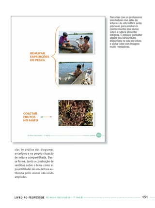 LIVRO DO PROFESSOR LÍNGUA PORTUGUESA · 1O
ANO 151
cias de análise dos diagramas
anteriores e na própria situação
de leitura compartilhada. Des-
sa forma, tanto a construção de
sentidos sobre o tema como as
possibilidades de uma leitura au-
tônoma pelos alunos vão sendo
ampliadas.
Parcerias com os professores
orientadores das salas de
leitura e de informática serão
preciosas para ampliar os
conhecimentos dos alunos
sobre a cultura alimentar
indígena. É possível consultar
alguns dos vários títulos
disponíveis na sala de leitura
e visitar sites com imagens
muito reveladoras.
Port1ºAnoParte2PROF.indd 151Port1ºAnoParte2PROF.indd 151 9/16/10 10:43 AM9/16/10 10:43 AM
 
