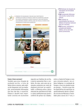 LIVRO DO PROFESSOR LÍNGUA PORTUGUESA · 1O
ANO 155
Como é bom escrever!
Também para essa situação de
produção escrita, a troca de
ideias entre os alunos, pela análi-
se dos diagramas com sua media-
ção, acrescentando informações
que eles não têm, é essencial.
Embora o desafio mais impor-
tante consista em escreverem
segundo sua hipótese de escrita,
é preciso apresentar-lhes o con-
texto. Ou seja, mais uma vez as
relações propostas por meio do
diagrama precisam ser explici-
tadas: a diferença entre a pesca
artesanal de subsistência do índio
e a pesca proﬁssional que provê o
comércio de peixes nas cidades;
entre a criação de frangos e ovos
para consumo próprio, nas al-
deias indígenas, e a produção de
frangos e ovos em grande escala
em granjas... Insiste-se que não
há expectativas de aquisição ou
aprofundamento desses conteú-
dos da área de Natureza e Socie-
dade pelos alunos do 1o
ano, e
Peixe
•P13 Participar de situações de
intercâmbio oral formulando
perguntas.
•P38 Compreender diferenças
entre escrita e outras formas
gráﬁcas.
•P41 Conhecer as
representações das letras no
alfabeto de imprensa maiúsculo
(para ler e escrever).
•P43 Escrever, controlando a
produção pela hipótese
silábica, com ou sem valor
sonoro convencional.
Port1ºAnoParte2PROF.indd 155Port1ºAnoParte2PROF.indd 155 9/16/10 10:44 AM9/16/10 10:44 AM
 