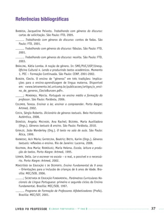 LIVRO DO PROFESSOR LÍNGUA PORTUGUESA · 1O
ANO 37
Referências bibliográﬁcas
BARBOSA, Jacqueline Peixoto. Trabalhando com gêneros do discurso:
cartas de solicitação. São Paulo: FTD, 2005.
. Trabalhando com gêneros do discurso: contos de fadas. São
Paulo: FTD, 2001.
. Trabalhando com gêneros do discurso: fábulas. São Paulo: FTD,
2001.
. Trabalhando com gêneros do discurso: receita. São Paulo: FTD,
2003.
BRÄKLING, Kátia Lomba. A noção de gênero. In: SME/PUC/USP/Unesp.
Oﬁcina Cultural 4. Lendo e produzindo textos acadêmicos. Momento
1. PEC – Formação Continuada. São Paulo: CENP, 2001-2002.
BUNZEN, Clecio. O ensino de “gêneros” em três tradições: implica-
ções para o ensino-aprendizagem de língua materna. Disponível
em: <www.letramento.iel.unicamp.br/publicacoes/artigos/o_ensi-
no_de_generos_ClecioBunzen.pdf>.
_____; MENDONÇA, Márcia. Português no ensino médio e formação do
professor. São Paulo: Parábola, 2006.
COLOMER, Tereza. Ensinar a ler, ensinar a compreender. Porto Alegre:
Artmed, 2002.
COSTA, Sérgio Roberto. Dicionário de gêneros textuais. Belo Horizonte:
Autêntica, 2008.
DIONÍSIO, Angela; MACHADO, Ana Rachel; BEZERRA, Maria Auxiliadora
(Orgs.). Gêneros textuais & ensino. São Paulo: Parábola, 2010.
GERALDI, João Wanderley (Org.). O texto na sala de aula. São Paulo:
Ática, 1999.
KARWOSKI, Acir Mário; GAYDECZKA, Beatriz; BRITO, Karim (Orgs.). Gêneros
textuais: reﬂexões e ensino. Rio de Janeiro: Lucerna, 2008.
KAUFMAN, Ana Maria; RODRÍGUEZ, Maria Helena. Escola, leitura e produ-
ção de textos. Porto Alegre: Artmed, 1995.
LERNER, Delia. Ler e escrever na escola – o real, o possível e o necessá-
rio. Porto Alegre: Artmed, 2002.
MINISTÉRIO DA EDUCAÇÃO E DO DESPORTO. Ensino Fundamental de 9 anos
– Orientações para a inclusão de crianças de 6 anos de idade. Bra-
sília: MEC/SEB, 2006.
; SECRETARIA DE EDUCAÇÃO FUNDAMENTAL. Parâmetros Curriculares Na-
cionais de Língua Portuguesa: primeiro e segundo ciclos do Ensino
Fundamental. Brasília: MEC/SEB, 1997.
. Programa de Formação de Professores Alfabetizadores (Profa).
Brasília: MEC/SEF, 2001.
Port1ºAnoPROF.indd 37Port1ºAnoPROF.indd 37 9/16/10 10:30 AM9/16/10 10:30 AM
 