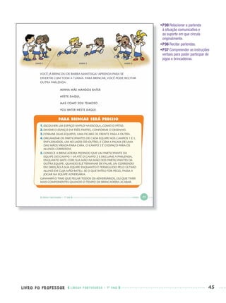 LIVRO DO PROFESSOR LÍNGUA PORTUGUESA · 1O
ANO 45
•P30 Relacionar a parlenda
à situação comunicativa e
ao suporte em que circula
originalmente.
•P36 Recitar parlendas.
•P37 Compreender as instruções
verbais para poder participar de
jogos e brincadeiras.
Port1ºAnoPROF.indd 45Port1ºAnoPROF.indd 45 9/16/10 10:30 AM9/16/10 10:30 AM
 