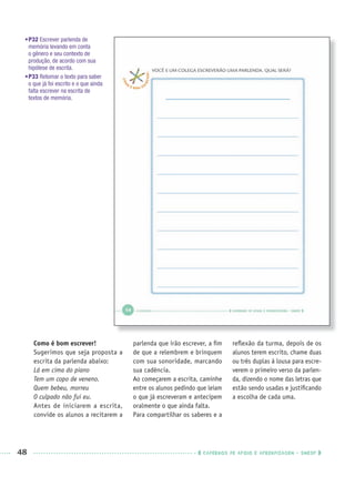 48 CADERNOS DE APOIO E APRENDIZAGEM · SMESP
•P32 Escrever parlenda de
memória levando em conta
o gênero e seu contexto de
produção, de acordo com sua
hipótese de escrita.
•P33 Retomar o texto para saber
o que já foi escrito e o que ainda
falta escrever na escrita de
textos de memória.
Como é bom escrever!
Sugerimos que seja proposta a
escrita da parlenda abaixo:
Lá em cima do piano
Tem um copo de veneno.
Quem bebeu, morreu
O culpado não fui eu.
Antes de iniciarem a escrita,
convide os alunos a recitarem a
parlenda que irão escrever, a ﬁm
de que a relembrem e brinquem
com sua sonoridade, marcando
sua cadência.
Ao começarem a escrita, caminhe
entre os alunos pedindo que leiam
o que já escreveram e antecipem
oralmente o que ainda falta.
Para compartilhar os saberes e a
reﬂexão da turma, depois de os
alunos terem escrito, chame duas
ou três duplas à lousa para escre-
verem o primeiro verso da parlen-
da, dizendo o nome das letras que
estão sendo usadas e justiﬁcando
a escolha de cada uma.
Port1ºAnoPROF.indd 48Port1ºAnoPROF.indd 48 9/16/10 10:30 AM9/16/10 10:30 AM
 