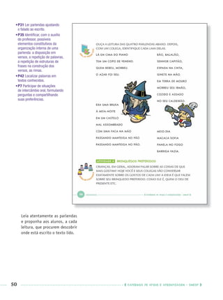 50 CADERNOS DE APOIO E APRENDIZAGEM · SMESP
•P31 Ler parlendas ajustando
o falado ao escrito.
•P35 Identiﬁcar, com o auxílio
do professor, possíveis
elementos constitutivos da
organização interna de uma
parlenda: a disposição em
versos, a repetição de palavras,
a repetição de estruturas de
frases na construção dos
versos, as rimas.
•P42 Localizar palavras em
textos conhecidos.
•P7 Participar de situações
de intercâmbio oral, formulando
perguntas e compartilhando
suas preferências.
Leia atentamente as parlendas
e proponha aos alunos, a cada
leitura, que procurem descobrir
onde está escrito o texto lido.
Port1ºAnoPROF.indd 50Port1ºAnoPROF.indd 50 9/16/10 10:30 AM9/16/10 10:30 AM
 
