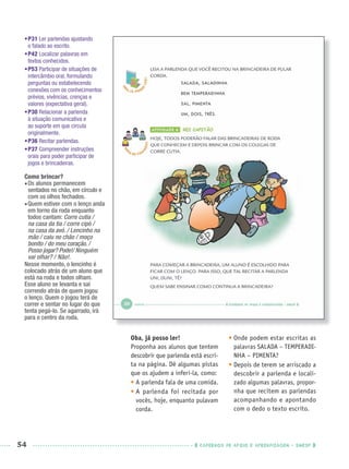 54 CADERNOS DE APOIO E APRENDIZAGEM · SMESP
•P31 Ler parlendas ajustando
o falado ao escrito.
•P42 Localizar palavras em
textos conhecidos.
•P53 Participar de situações de
intercâmbio oral, formulando
perguntas ou estabelecendo
conexões com os conhecimentos
prévios, vivências, crenças e
valores (expectativa geral).
•P30 Relacionar a parlenda
à situação comunicativa e
ao suporte em que circula
originalmente.
•P36 Recitar parlendas.
•P37 Compreender instruções
orais para poder participar de
jogos e brincadeiras.
Oba, já posso ler!
Proponha aos alunos que tentem
descobrir que parlenda está escri-
ta na página. Dê algumas pistas
que os ajudem a inferi-la, como:
• A parlenda fala de uma comida.
• A parlenda foi recitada por
vocês, hoje, enquanto pulavam
corda.
• Onde podem estar escritas as
palavras SALADA – TEMPERADI-
NHA – PIMENTA?
• Depois de terem se arriscado a
descobrir a parlenda e locali-
zado algumas palavras, propor-
nha que recitem as parlendas
acompanhando e apontando
com o dedo o texto escrito.
Como brincar?
Os alunos permanecem
sentados no chão, em círculo e
com os olhos fechados.
Quem estiver com o lenço anda
em torno da roda enquanto
todos cantam: Corre cutia /
na casa da tia / corre cipó /
na casa da avó. / Lencinho na
mão / caiu no chão / moço
bonito / do meu coração. /
Posso jogar? Pode!/ Ninguém
vai olhar? / Não!.
Nesse momento, o lencinho é
colocado atrás de um aluno que
está na roda e todos olham.
Esse aluno se levanta e sai
correndo atrás de quem jogou
o lenço. Quem o jogou terá de
correr e sentar no lugar do que
tenta pegá-lo. Se agarrado, irá
para o centro da roda.
Port1ºAnoPROF.indd 54Port1ºAnoPROF.indd 54 9/16/10 10:30 AM9/16/10 10:30 AM
 