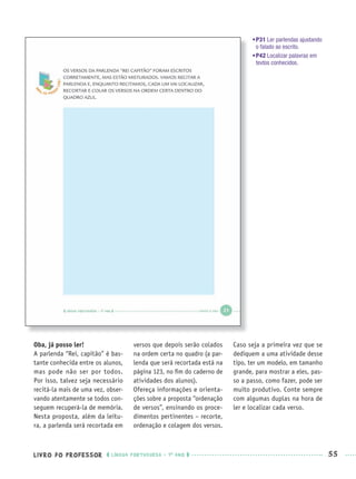 LIVRO DO PROFESSOR LÍNGUA PORTUGUESA · 1O
ANO 55
Oba, já posso ler!
A parlenda “Rei, capitão” é bas-
tante conhecida entre os alunos,
mas pode não ser por todos.
Por isso, talvez seja necessário
recitá-la mais de uma vez, obser-
vando atentamente se todos con-
seguem recuperá-la de memória.
Nesta proposta, além da leitu-
ra, a parlenda será recortada em
versos que depois serão colados
na ordem certa no quadro (a par-
lenda que será recortada está na
página 123, no ﬁm do caderno de
atividades dos alunos).
Ofereça informações e orienta-
ções sobre a proposta “ordenação
de versos”, ensinando os proce-
dimentos pertinentes – recorte,
ordenação e colagem dos versos.
Caso seja a primeira vez que se
dediquem a uma atividade desse
tipo, ter um modelo, em tamanho
grande, para mostrar a eles, pas-
so a passo, como fazer, pode ser
muito produtivo. Conte sempre
com algumas duplas na hora de
ler e localizar cada verso.
•P31 Ler parlendas ajustando
o falado ao escrito.
•P42 Localizar palavras em
textos conhecidos.
Port1ºAnoPROF.indd 55Port1ºAnoPROF.indd 55 9/16/10 10:30 AM9/16/10 10:30 AM
 