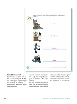 56 CADERNOS DE APOIO E APRENDIZAGEM · SMESP
Como é bom escrever!
Converse com os alunos para sa-
ber se eles conseguem identiﬁ-
car, nas imagens, as personagens
que aparecem na parlenda.
Proponha que, em duplas, escre-
vam seus nomes.
Enquanto escrevem, circule entre
eles e faça-lhes perguntas para
ajudá-los a reﬂetir sobre o que
escrevem.
Que letra podemos usar para es-
crever REI? Há nomes de amigos
em nossa turma que começam
com essas letras (que começam
com RE, como Renata, Renan?).
Incentive-os a consultar os escri-
tos disponíveis na sala de aula.
Rei
Moça bonita
Soldado
Ladrão
Port1ºAnoPROF.indd 56Port1ºAnoPROF.indd 56 9/16/10 10:30 AM9/16/10 10:30 AM
 