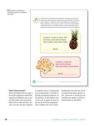 58 CADERNOS DE APOIO E APRENDIZAGEM · SMESP
Como é bom escrever!
Nesta atividade está em jogo a
escrita de respostas às adivinhas,
segundo as hipóteses que os alu-
nos têm sobre como se escreve.
Depois de ler cada adivinha, dis-
cuta com eles até que cheguem
à resposta certa. É importante
que compreendam o sentido ﬁ-
gurado de algumas palavras, os
trocadilhos, as brincadeiras que
se faz com as palavras para or-
ganizá-las de forma engraçada...
Esse cuidado não visa ao apro-
fundamento de uma das várias
características desse gênero, e,
sim, favorecer a construção de
sentidos para ajudar os alunos a
memorizarem as adivinhas.
•P77 Escrever controlando a
produção segundo sua hipótese
de escrita.
Abacaxi
Biscoito
Port1ºAnoPROF.indd 58Port1ºAnoPROF.indd 58 9/16/10 10:30 AM9/16/10 10:30 AM
 