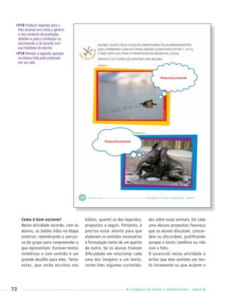 72 CADERNOS DE APOIO E APRENDIZAGEM · SMESP
•P18 Produzir legenda para a
foto levando em conta o gênero
e seu contexto de produção,
ditando-a para o professor ou
escrevendo-a de acordo com
sua hipótese de escrita.
•P19 Revisar a legenda apoiado
na leitura feita pelo professor
em voz alta.
Como é bom escrever!
Nesta atividade recorde, com os
alunos, os balões lidos na etapa
anterior, relembrando o percur-
so do grupo para compreender o
que representam. Escrever textos
sintéticos e com sentido é um
grande desaﬁo para eles. Tanto
estes, que serão escritos nos
balões, quanto os das legendas,
propostos a seguir. Portanto, é
preciso estar atento para que
elaborem os sentidos necessários
à formulação tanto de um quanto
de outro. Se os alunos tiverem
diﬁculdade em relacionar cada
uma das imagens a um texto,
conte-lhes algumas curiosida-
des sobre esses animais. Em cada
uma dessas propostas favoreça
que os alunos discutam, concor-
dem ou discordem, justiﬁcando
porque o texto combina ou não
com a foto.
O essencial nesta atividade é
evitar que eles aceitem um tex-
to incoerente ou que acatem o
Resposta pessoal
Resposta pessoal
Port1ºAnoPROF.indd 72Port1ºAnoPROF.indd 72 9/16/10 10:31 AM9/16/10 10:31 AM
 