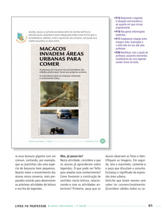LIVRO DO PROFESSOR LÍNGUA PORTUGUESA · 1O
ANO 81
•P15 Relacionar a legenda
à situação comunicativa e
ao suporte em que circula
originalmente.
•P16 Recuperar informações
explícitas.
•P17 Estabelecer relação entre
imagem (foto, ilustração) e
o texto lido em voz alta pelo
professor.
•P20 Identiﬁcar, com a ajuda do
professor, possíveis elementos
constitutivos de uma legenda:
caráter breve do texto.
re esse besouro gigante com um
comum, contando, por exemplo,
que as joaninhas são uma espé-
cie de besouros bem pequenos.
Quanto maior o envolvimento dos
alunos nessa conversa, mais pre-
parados estarão para desenvolver
as próximas atividades de leitura
e escrita de legendas.
Oba, já posso ler!
Nesta atividade, considere o que
os alunos já aprenderam sobre
legendas. O que pode ser feito
para ampliar esse conhecimento?
Como favorecer a construção de
sentidos nesta leitura, relacio-
nando-a com as atividades an-
teriores? Primeiro, peça que os
alunos observem as fotos e iden-
tiﬁquem as imagens. Em segui-
da, leia a manchete, comente-a
e peça que discutam o assunto.
Esclareça o signiﬁcado da expres-
são área urbana.
Solicite que leiam mesmo sem
saber ler convencionalmente.
(Considere válidos todos os co-
Port1ºAnoPROF.indd 81Port1ºAnoPROF.indd 81 9/16/10 10:31 AM9/16/10 10:31 AM
 