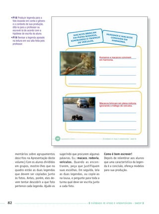82 CADERNOS DE APOIO E APRENDIZAGEM · SMESP
•P18 Produzir legenda para a
foto levando em conta o gênero
e o contexto de sua produção,
ditá-la para o professor ou
escrevê-la de acordo com a
hipótese de escrita do aluno.
•P19 Revisar a legenda apoiado
na leitura em voz alta feita pelo
professor.
mentários sobre agrupamentos
descritos na Apresentação deste
volume.) Com os alunos divididos
em grupos, mostre-lhes que no
quadro estão as duas legendas
que devem ser copiadas junto
às fotos. Antes, porém, eles de-
vem tentar descobrir a que foto
pertence cada legenda. Ajude-os
sugerindo que procurem algumas
palavras. Ex.: macaco, rodovia,
veículos. Quando as encon-
trarem, peça que justifiquem
suas escolhas. Em seguida, leia
as duas legendas, ou copie-as
na lousa, e pergunte para toda a
turma qual deve ser escrita junto
a cada foto.
Como é bom escrever!
Depois de relembrar aos alunos
que uma característica da legen-
da é a concisão, ofereça modelos
para sua produção.
Humanos e macacos convivem
em harmonia.
Macacos brincam em plena rodovia,
ignorando o tráfego de veículos.
Port1ºAnoPROF.indd 82Port1ºAnoPROF.indd 82 9/16/10 10:31 AM9/16/10 10:31 AM
 