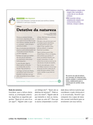 LIVRO DO PROFESSOR LÍNGUA PORTUGUESA · 1O
ANO 87
•P17 Estabelecer relação entre
imagem (foto, ilustração) e
o texto lido em voz alta pelo
professor.
•P21 Comentar notícias
estabelecendo relações com
conhecimentos prévios,
vivências, crenças e valores.
Roda de conversa
Considere, para a leitura desta
notícia, as orientações anterio-
res. Sugerimos as seguintes per-
guntas: “Quem já viu uma rã ou
um sapo?”, “Alguém sabe o que
um biólogo faz?”, “Quem são os
detetives da natureza?”, “Onde sa-
pos e rãs vivem?”, “Alguém sabe de
que tamanho é, mais ou menos,
um sapo ou uma rã?”. Para que
os alunos compreendam a curiosi-
dade dessa notícia é preciso que
considerem o quão minúscula é
a rã encontrada. Permitir que
comparem rãs e sapos de tama-
nho normal contribuirá para se
envolverem com essa notícia.
No acervo da sala de leitura,
por exemplo, há materiais que
podem ampliar o conhecimento
deles, colaborando para a
construção de sentido nesta
leitura.
Port1ºAnoPROF.indd 87Port1ºAnoPROF.indd 87 9/16/10 10:31 AM9/16/10 10:31 AM
 