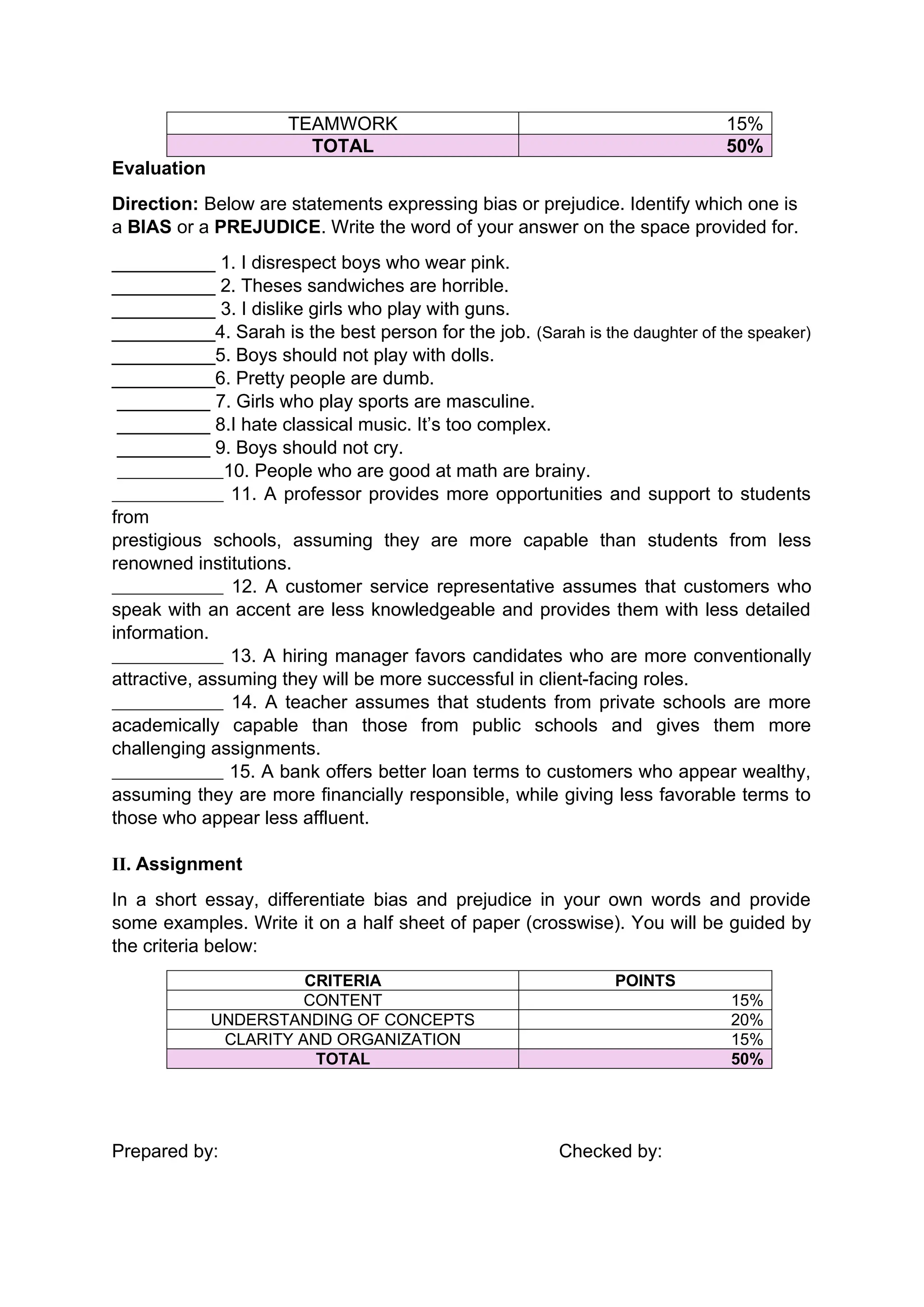 lesson plan for differentiate bias and prejudice | DOCX