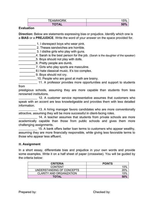 lesson plan for differentiate bias and prejudice | PDF