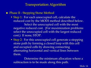 14Slide
Transportation Algorithm
 Phase II - Stepping Stone Method
• Step 1: For each unoccupied cell, calculate the
reduced cost by the MODI method described below.
Select the unoccupied cell with the most
negative reduced cost. (For maximization problems
select the unoccupied cell with the largest reduced
cost.) If none, STOP.
• Step 2: For this unoccupied cell generate a stepping
stone path by forming a closed loop with this cell
and occupied cells by drawing connecting
alternating horizontal and vertical lines between
them.
Determine the minimum allocation where a
subtraction is to be made along this path.
 
