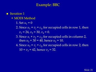 21Slide
Example: BBC
 Iteration 1
• MODI Method
1. Set u1 = 0
2. Since u1 + vj = c1j for occupied cells in row 1, then
v1 = 24, v2 = 30, v4 = 0.
3. Since ui + v2 = ci2 for occupied cells in column 2,
then u2 + 30 = 40, hence u2 = 10.
4. Since u2 + vj = c2j for occupied cells in row 2, then
10 + v3 = 42, hence v3 = 32.
 