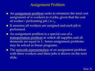 35Slide
Assignment Problem
 An assignment problem seeks to minimize the total cost
assignment of m workers to m jobs, given that the cost
of worker i performing job j is cij.
 It assumes all workers are assigned and each job is
performed.
 An assignment problem is a special case of a
transportation problem in which all supplies and all
demands are equal to 1; hence assignment problems
may be solved as linear programs.
 The network representation of an assignment problem
with three workers and three jobs is shown on the next
slide.
 