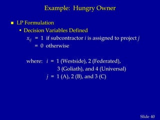 40Slide
Example: Hungry Owner
 LP Formulation
• Decision Variables Defined
xij = 1 if subcontractor i is assigned to project j
= 0 otherwise
where: i = 1 (Westside), 2 (Federated),
3 (Goliath), and 4 (Universal)
j = 1 (A), 2 (B), and 3 (C)
 