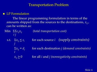 6Slide
Transportation Problem
 LP Formulation
The linear programming formulation in terms of the
amounts shipped from the sources to the destinations, xij ,
can be written as:
Min cijxij (total transportation cost)
i j
s.t. xij < si for each source i (supply constraints)
j
xij = dj for each destination j (demand constraints)
i
xij > 0 for all i and j (nonnegativity constraints)
 