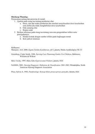 Discharge Planning:
Perencanaan pulang dan perawtan di rumah:
   1. Ajarkan pada orang tua tentang pemberian obat:
          a. Dosis, rute dan waktu pemberian dan manfaat menyelesaikan dosis keseluruhan
             serta akibat jika tidak menghabiskan dosis keseluruhan
          b. Efek samping obat
          c. Respon anak
   2. Berikan informasi pada orang tua tentang cara-cara pengendalian infeksi serta
       pencegahannya:
          a. Hindari kontak dengan sumber infeksi pada lingkungan rumah
          b. Ikuti jadwal imunisasi



Refferensi:
Mansjoer, Arif, 2000, Kapita Selekta Kedokteran, ed-3, jakarta, Media Auskkulapius FK UI

Greenberg, Cindy Smith, 1988, Nursing Care Planninng Guides For Children, Baltimore,
          Williams & Wilkins

Betz, Cecily, 1997, Buku Saku Keperawatan Pediatri, jakarta, EGC

NANDA, 2001, Nursing Diagnosis: Definition & Classification 2001-2002, Philadelphia, North
        American Nursing Diagnosis Association

Price, Sylvia A, 1995, Patofisiologi: Konsep klinis proses-proses penyakit, Jakarta, EGC




                                                                                           10
 