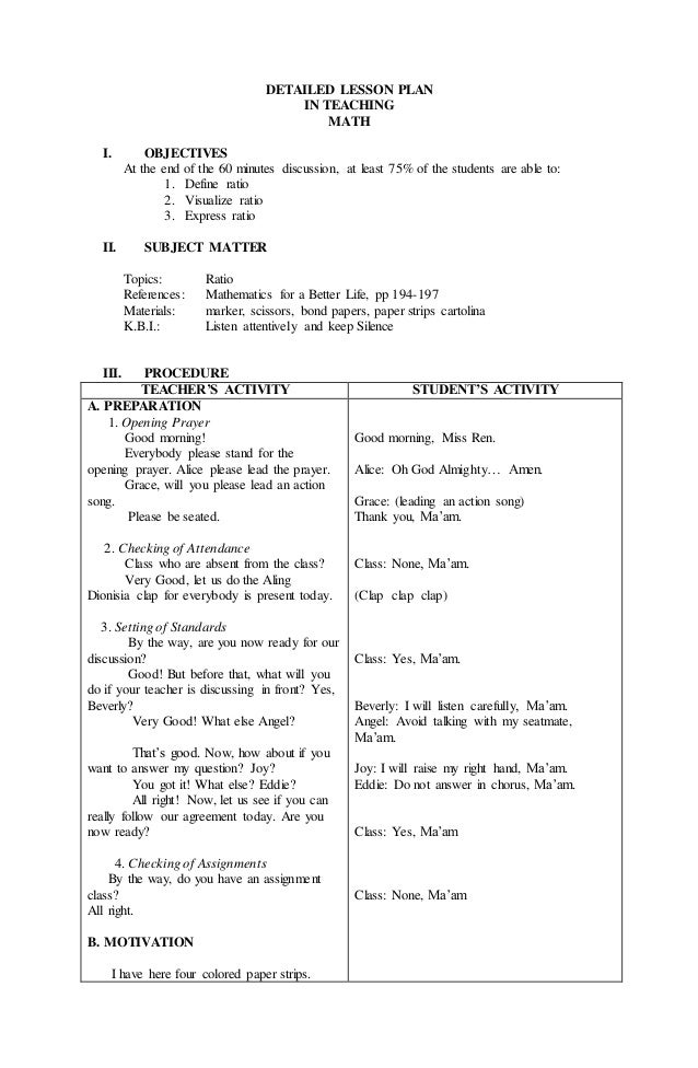 detailed lesson plan ratio and proportion