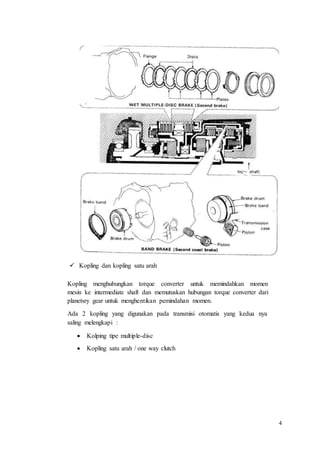 4
 Kopling dan kopling satu arah
Kopling menghubungkan torque converter untuk memindahkan momen
mesin ke intermediate shaft dan memutuskan hubungan torque converter dari
planetsry gear untuk menghentikan pemindahan momen.
Ada 2 kopling yang digunakan pada transmisi otomatis yang kedua nya
saling melengkapi :
 Kolping tipe multiple-disc
 Kopling satu arah / one way clutch
 