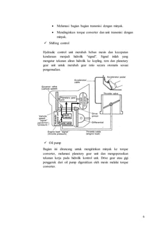 6
 Melumasi bagian bagian transmisi dengan minyak.
 Mendinginkan torque converter dan unit transmisi dengan
minyak.
 Shifting control
Hydraulic control unit merubah beban mesin dan kecepatan
kendaraan menjadi hidrolik “signal”. Signal inilah yang
mengatur tekanan aliran hidrolik ke kopling, rem dan planetary
gear unit untuk merubah gear ratio secara otomatis sesuai
pengemudian.
 Oil pump
Bagian ini dirancang untuk mengirimkan minyak ke torque
converter, melumasi planetery gear unit dan mengoperasikan
tekanan kerja pada hidrolik kontrol unit. Drive gear atau gigi
penggerak dari oil pump digerakkan oleh mesin melalui torque
converter.
 