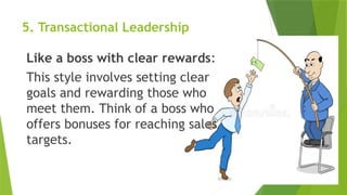 5. Transactional Leadership
Like a boss with clear rewards:
This style involves setting clear
goals and rewarding those who
meet them. Think of a boss who
offers bonuses for reaching sales
targets.
 