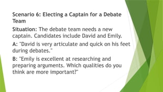 Scenario 6: Electing a Captain for a Debate
Team
Situation: The debate team needs a new
captain. Candidates include David and Emily.
A: "David is very articulate and quick on his feet
during debates."
B: "Emily is excellent at researching and
preparing arguments. Which qualities do you
think are more important?"
 