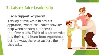 3. Laissez-faire Leadership
Like a supportive parent:
This style involves a hands-off
approach, where the leader provides
help when needed but doesn't
interfere much. Think of a parent who
lets their child learn from experience
but is always there to support them if
they ask..
 