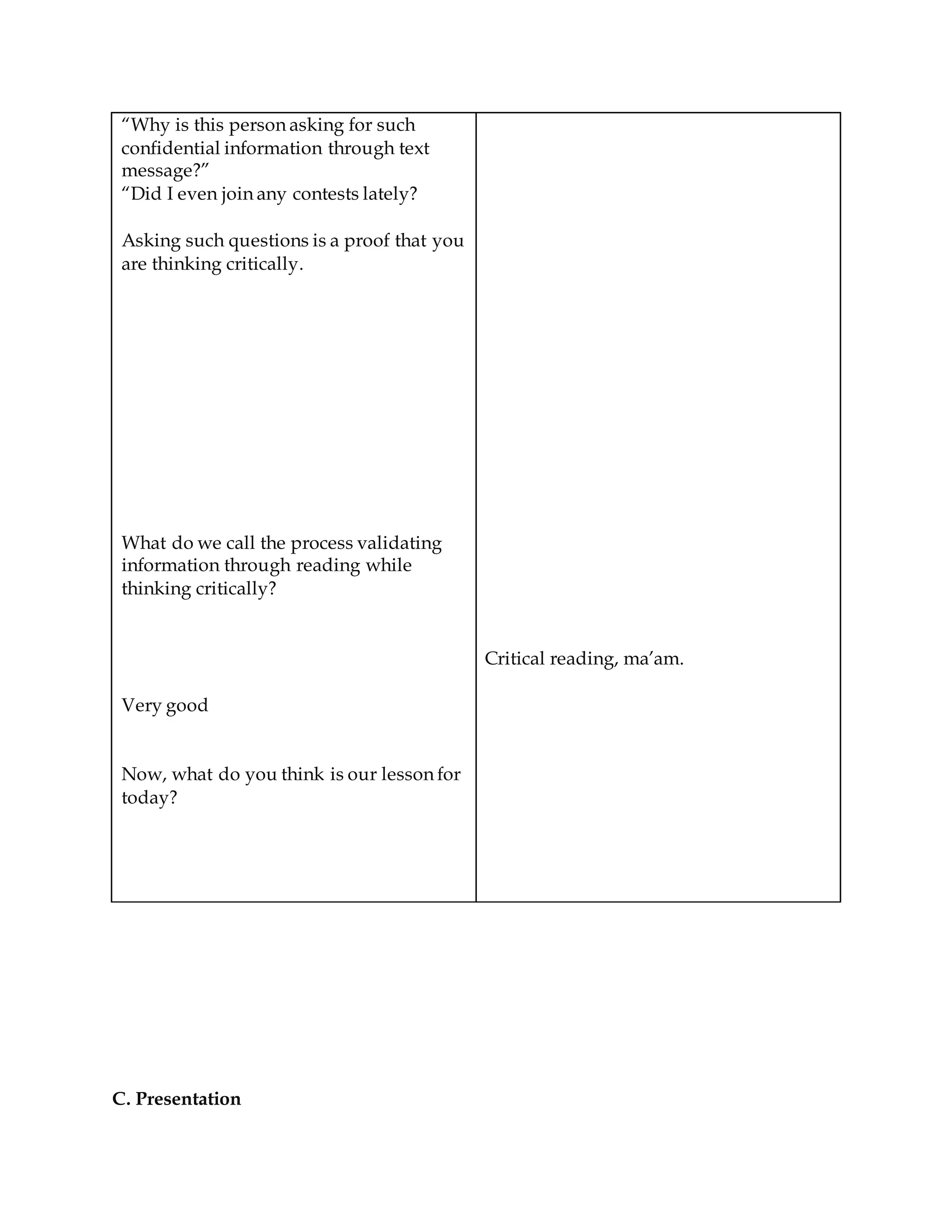 “Why is this person asking for such
confidential information through text
message?”
“Did I even join any contests lately?
Asking such questions is a proof that you
are thinking critically.
What do we call the process validating
information through reading while
thinking critically?
Very good
Now, what do you think is our lesson for
today?
Critical reading, ma’am.
C. Presentation
 